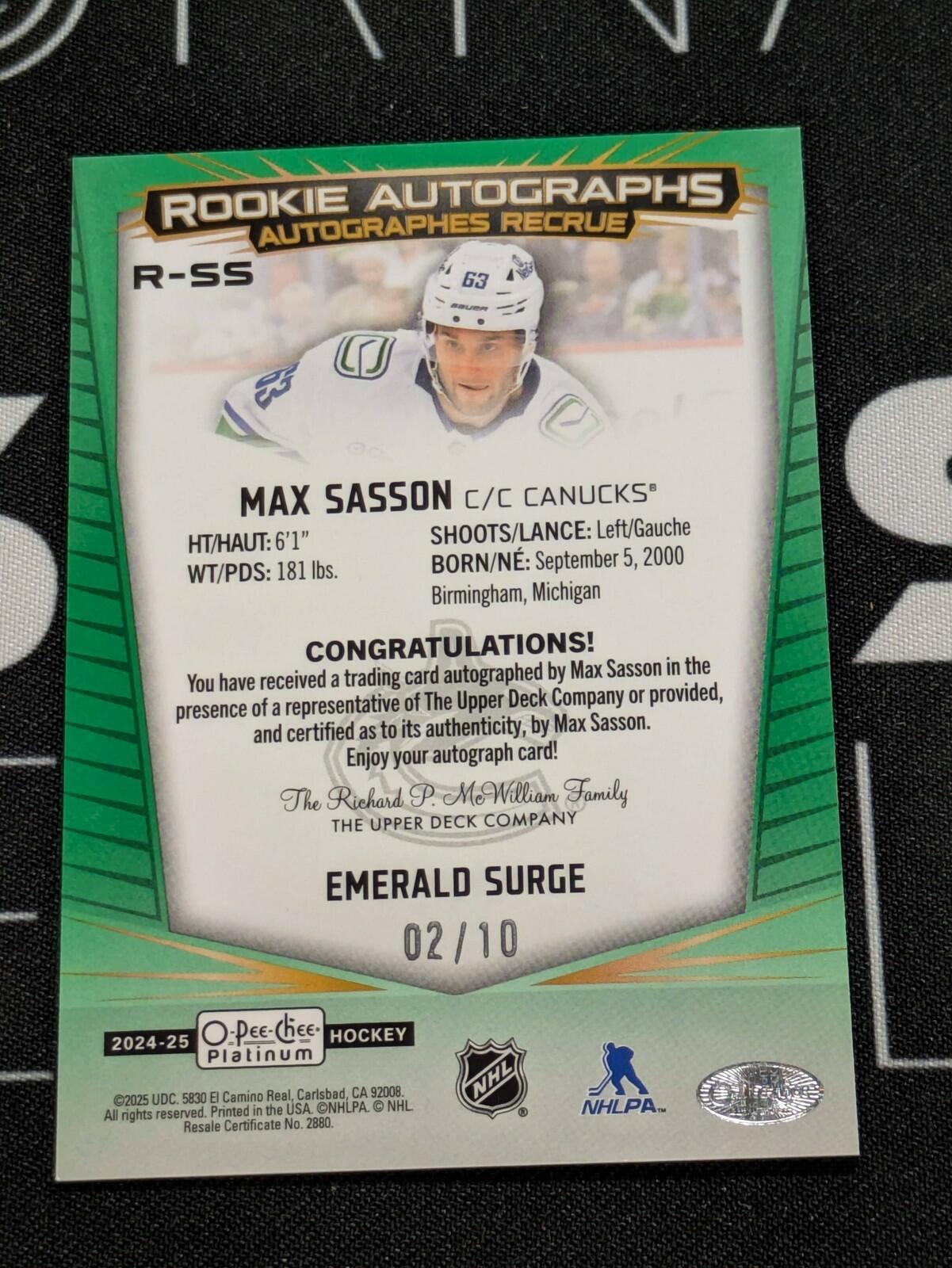 2024-25 O-Pee-Chee Platinum Rookie Autographs Emerald Surge Max Sasson /10 #R-SS