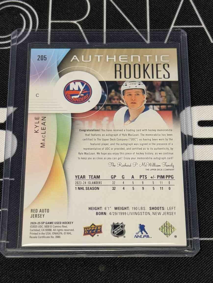 2024-25 SP Game Used Authentic Rookies Red Auto Jersey #260 -KYLE MACLEAN /35