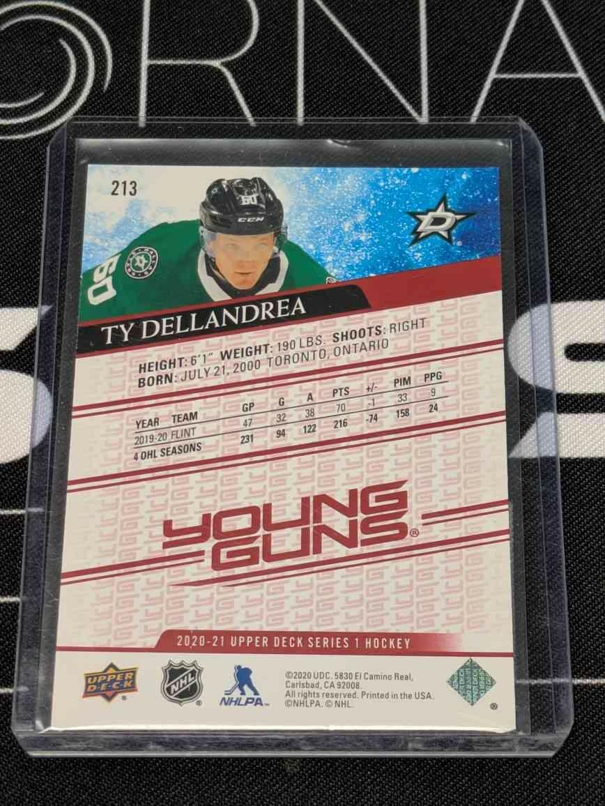 2020-21 UD Young Guns Exclusives Ty Dellandrea /100 #213 Rookie RC Stars