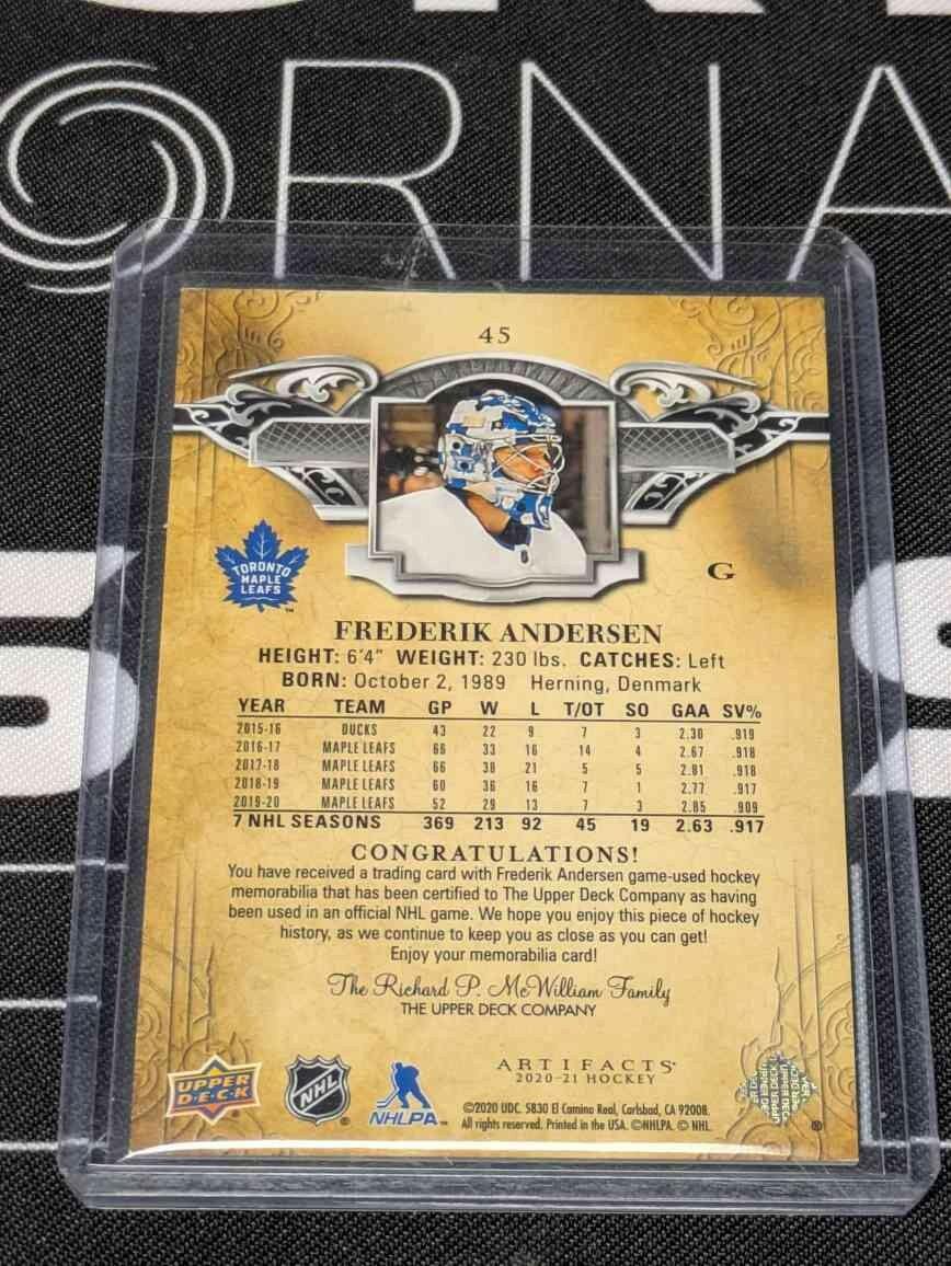 2020-21 Upper Deck Artifacts Material Gold /175 Frederik Andersen #45