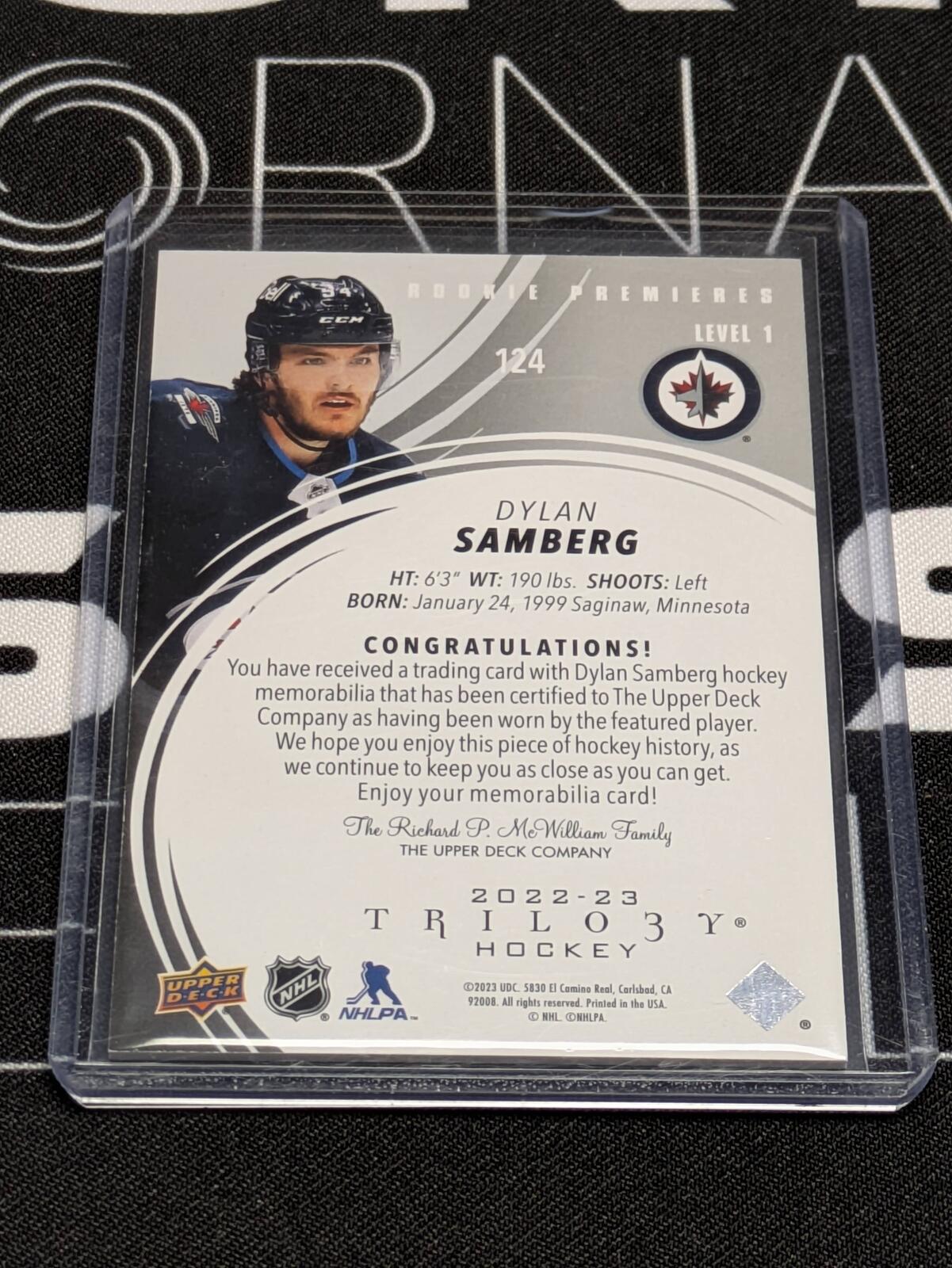 2022-23 Upper Deck Trilogy Rookie Premieres Jersey Black #124 Dylan Samberg /499