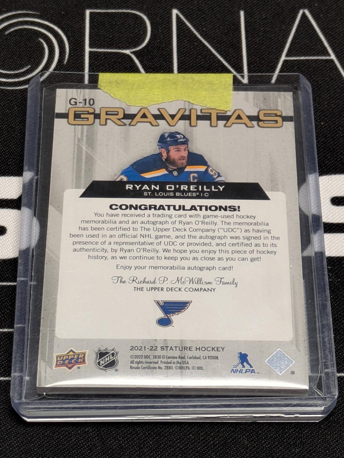 2021-22 Upper Deck Stature Gravitas Ryan O'Reilly Patch Auto 7/7 #G-10