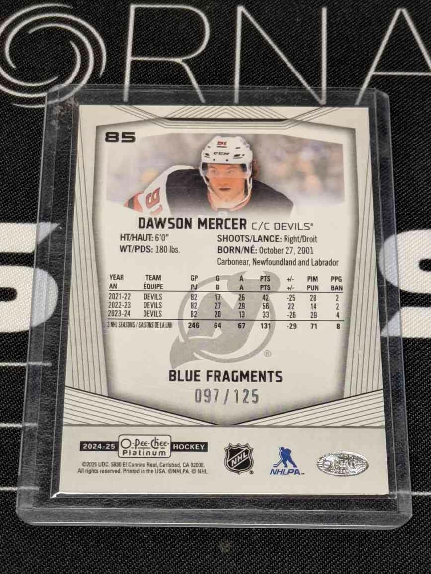 2024-25 O-Pee-Chee Platinum Blue Fragments #85 Dawson Mercer /125 - DEVILS