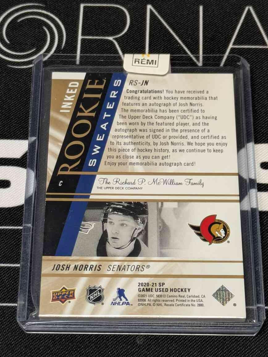 2020-21 2020 SP GAME USED JOSH NORRIS RS-JN INKED ROOKIE SWEATERS PATCH AUTO /49