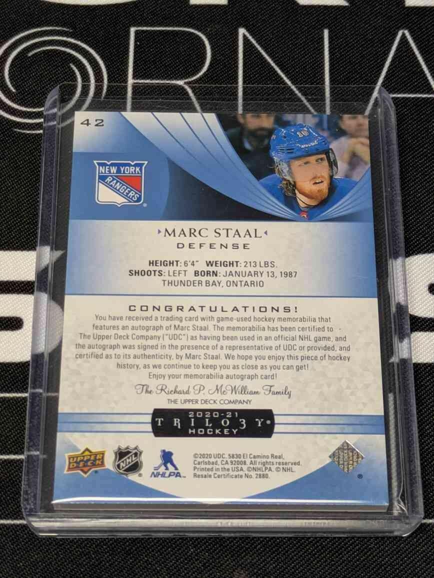 2020-21 Upper Deck Trilogy Marc Staal #42 Blue Foil Patch Auto /25