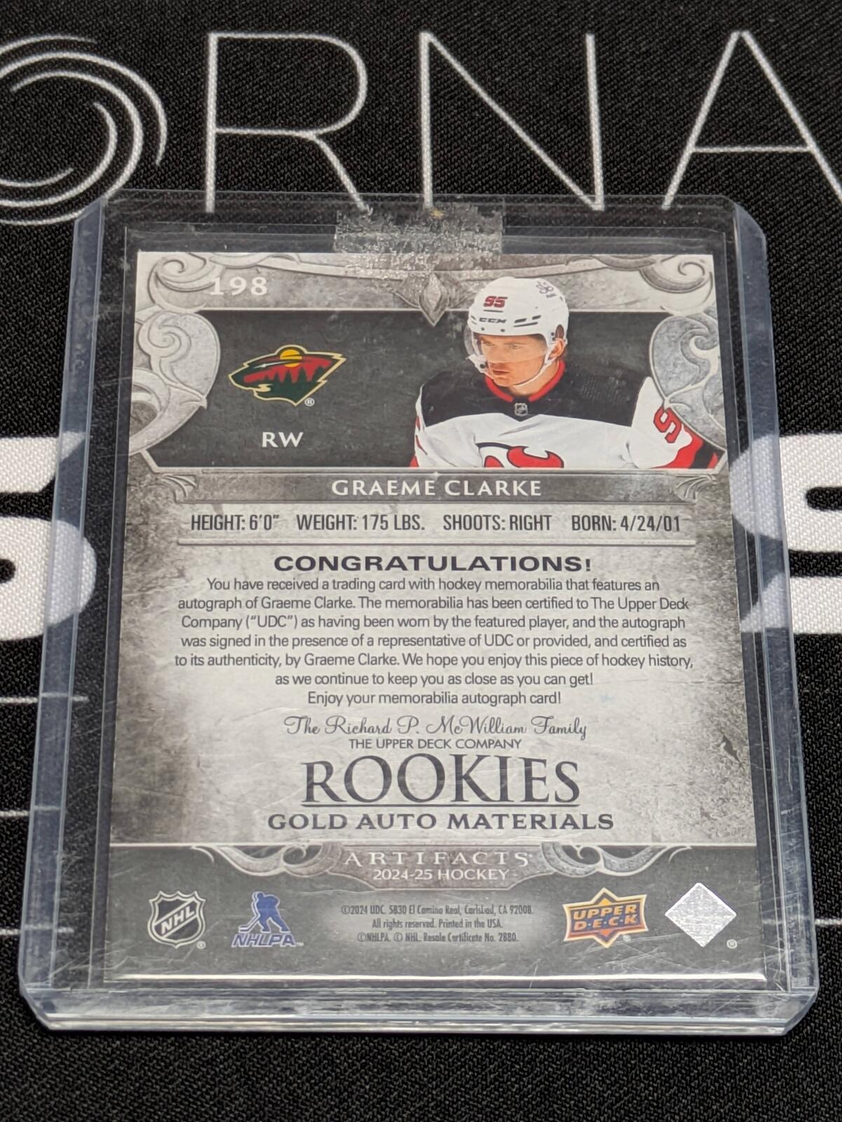 2024-25 Artifacts Hockey Base Auto Material Gold Rookie #198 Graeme Clarke #/199