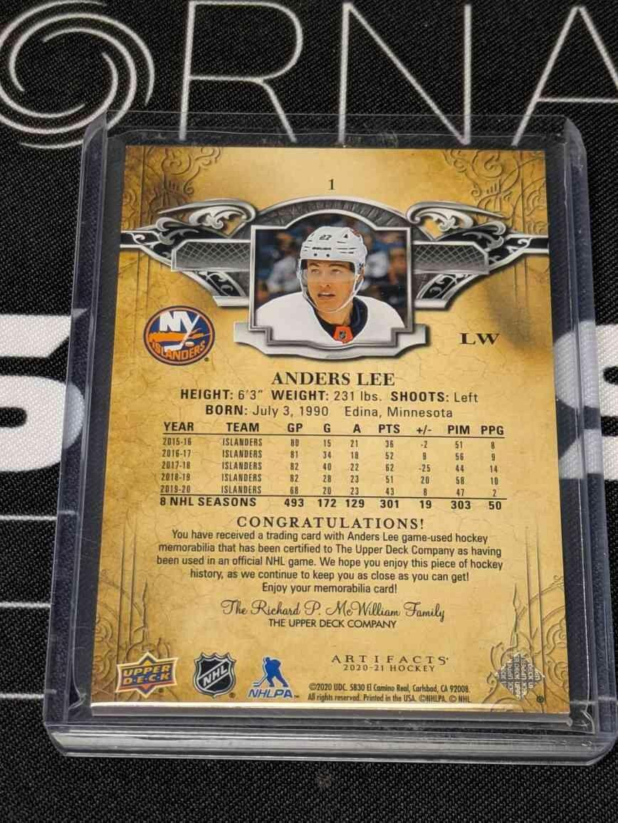 2020-21 Upper Deck Artifacts Anders Lee Dual Fight Strap Orange Material /15 #1