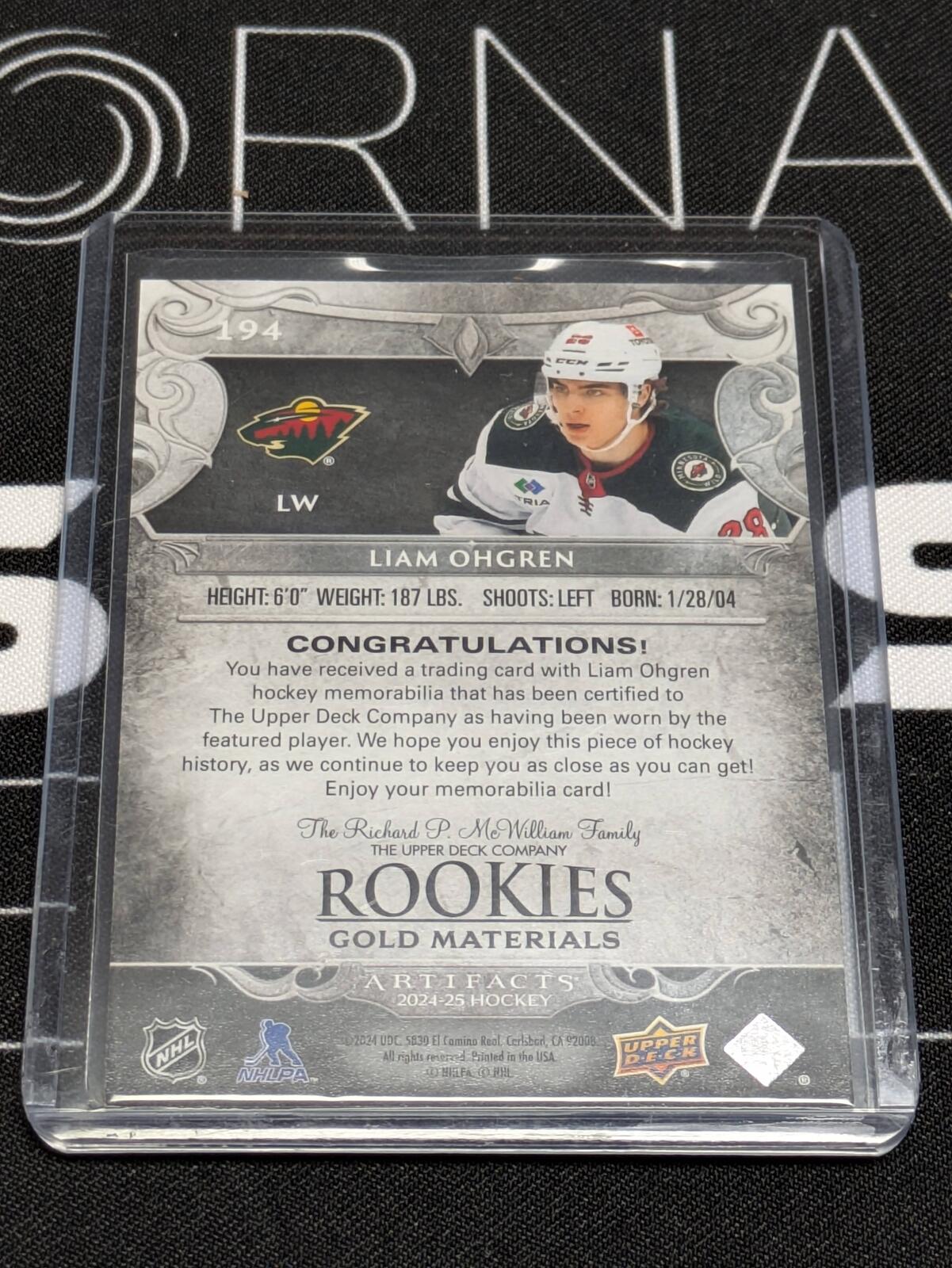 Liam Ohgren ROOKIES GOLD MATERIALS #194 /499 Artifacts 2024-25