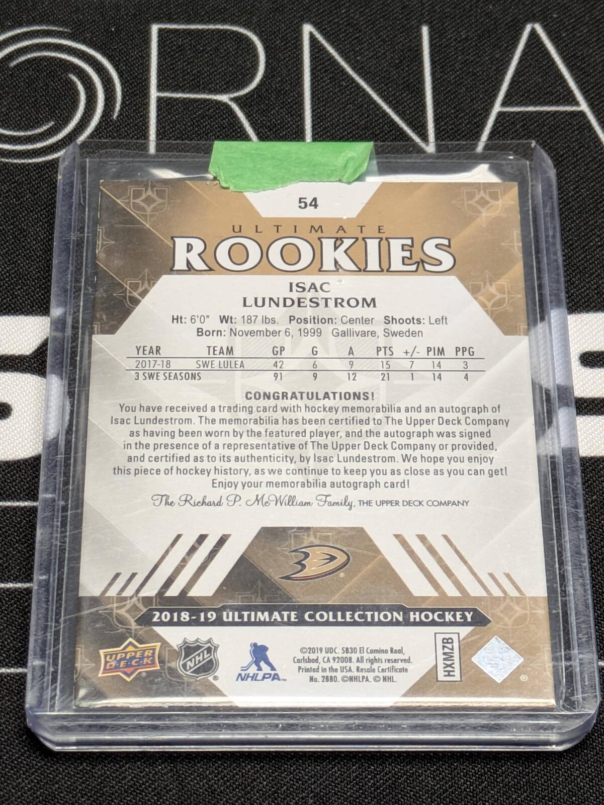 2018-19 Isac Lundestrom UD Ultimate Rookies Auto Patch #54 /99 Rookie RC