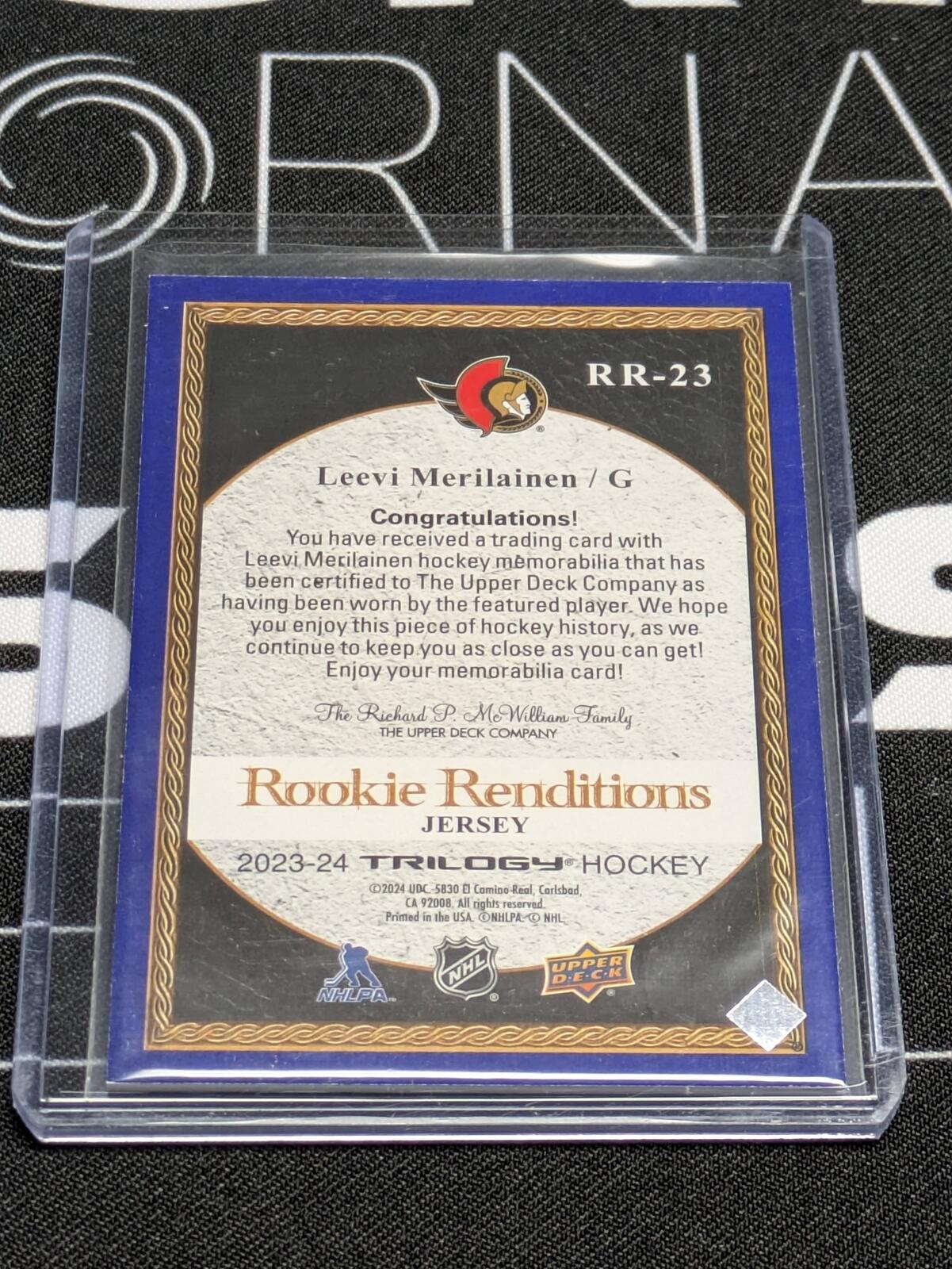 2023-24 UD Trilogy Rookie Renditions Jersey Leevi Merilainen #RR-23