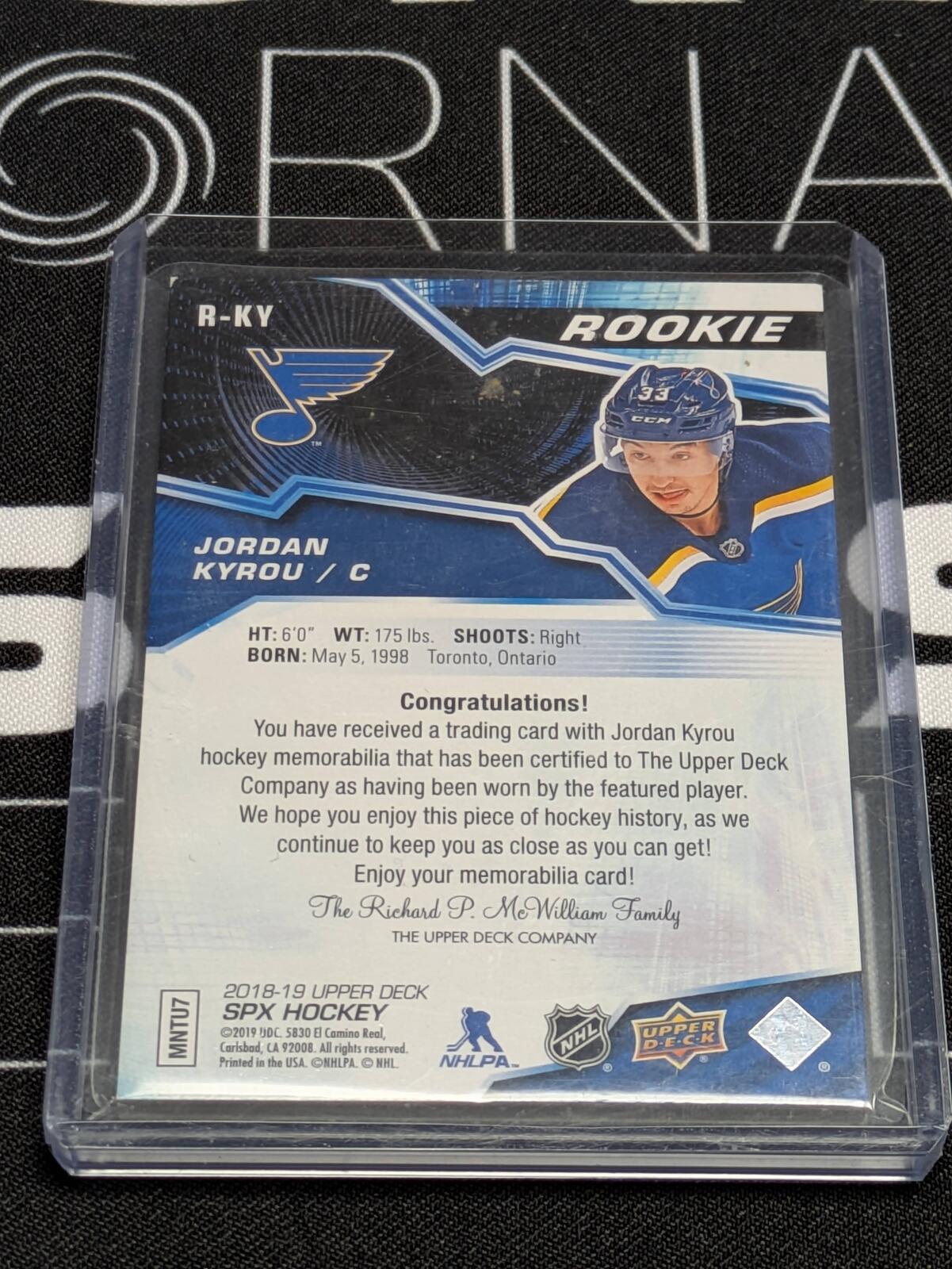 2018-19 Upper Deck SPx Rookie Material Jersey JORDAN KYROU #R-KY Blues UD RC