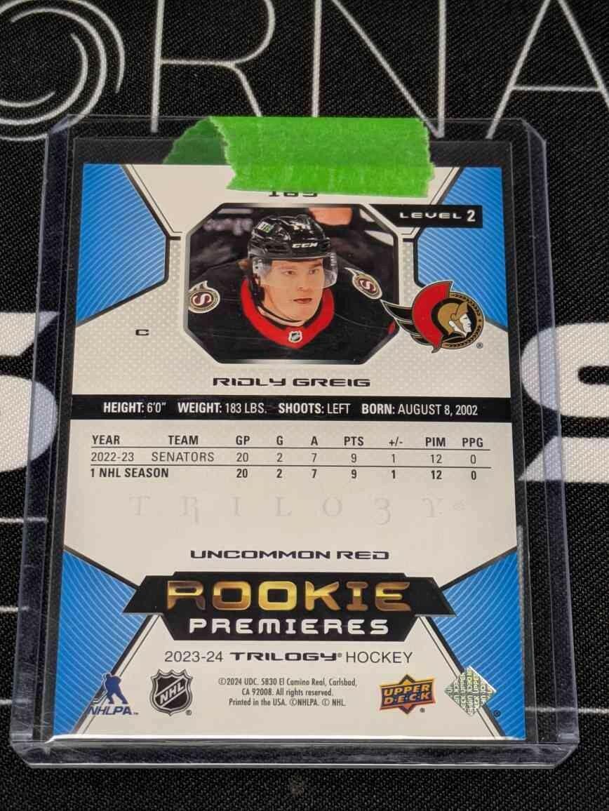 2023-24 UPPER DECK TRILOGY ROOKIE PREMIERES LEVEL 2 RED RIDLEY GREIG /99 RC