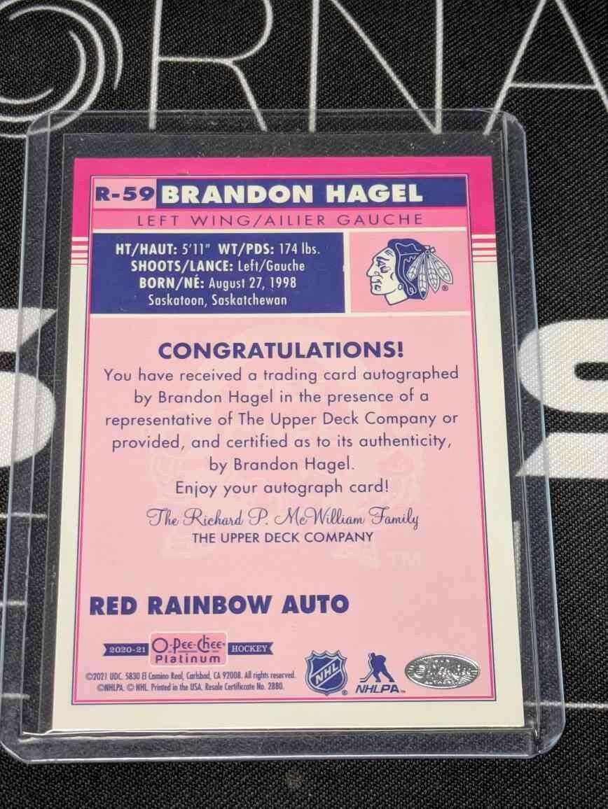 BRANDON HAGEL 2020-21 O-Pee-Chee Platinum Retro Rookie Red Rainbow Auto RC #R-59
