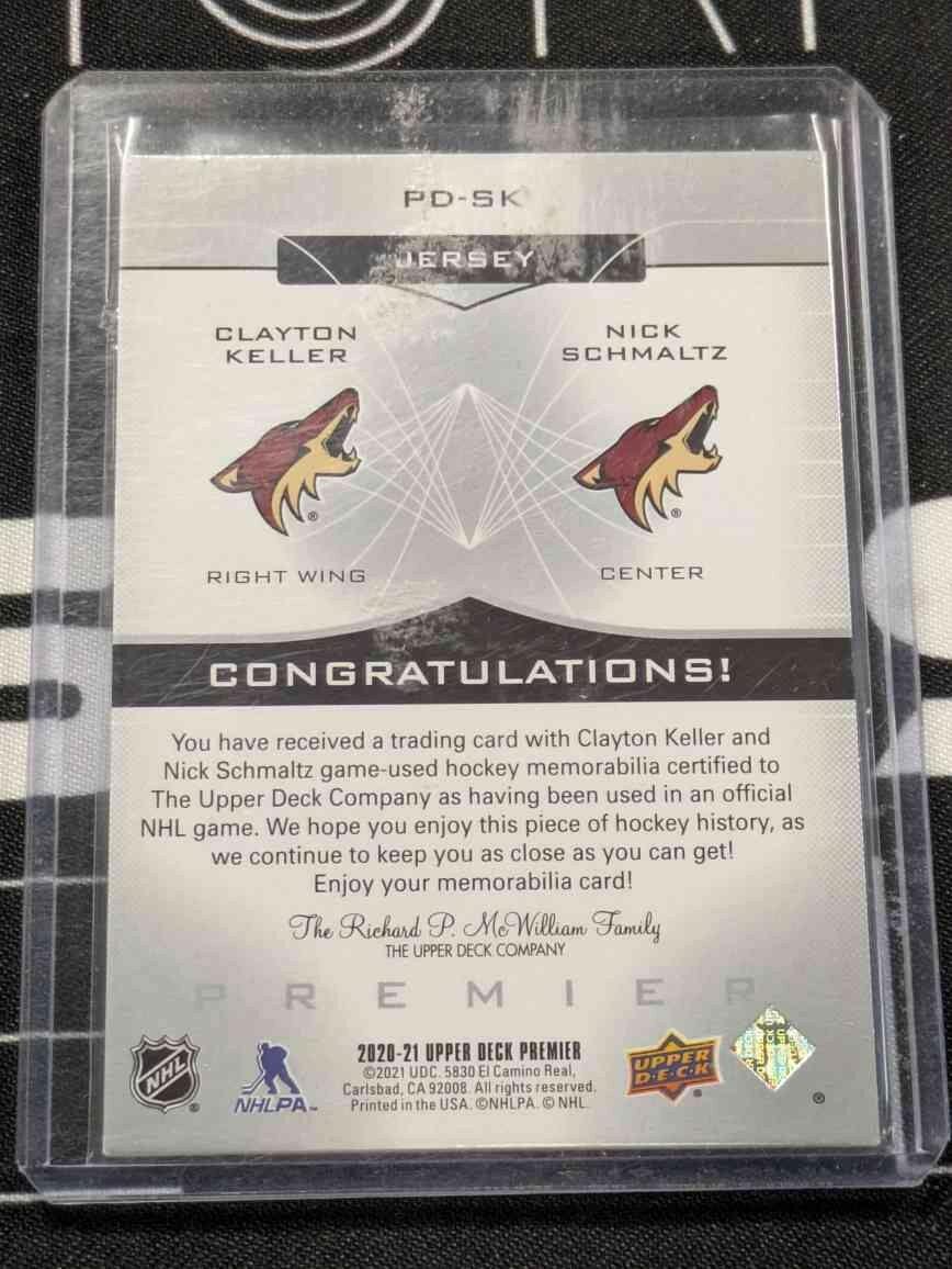 2020-21 Clayton Keller/Nick Schmaltz Upper Deck UD Premier Dual Jersey /99