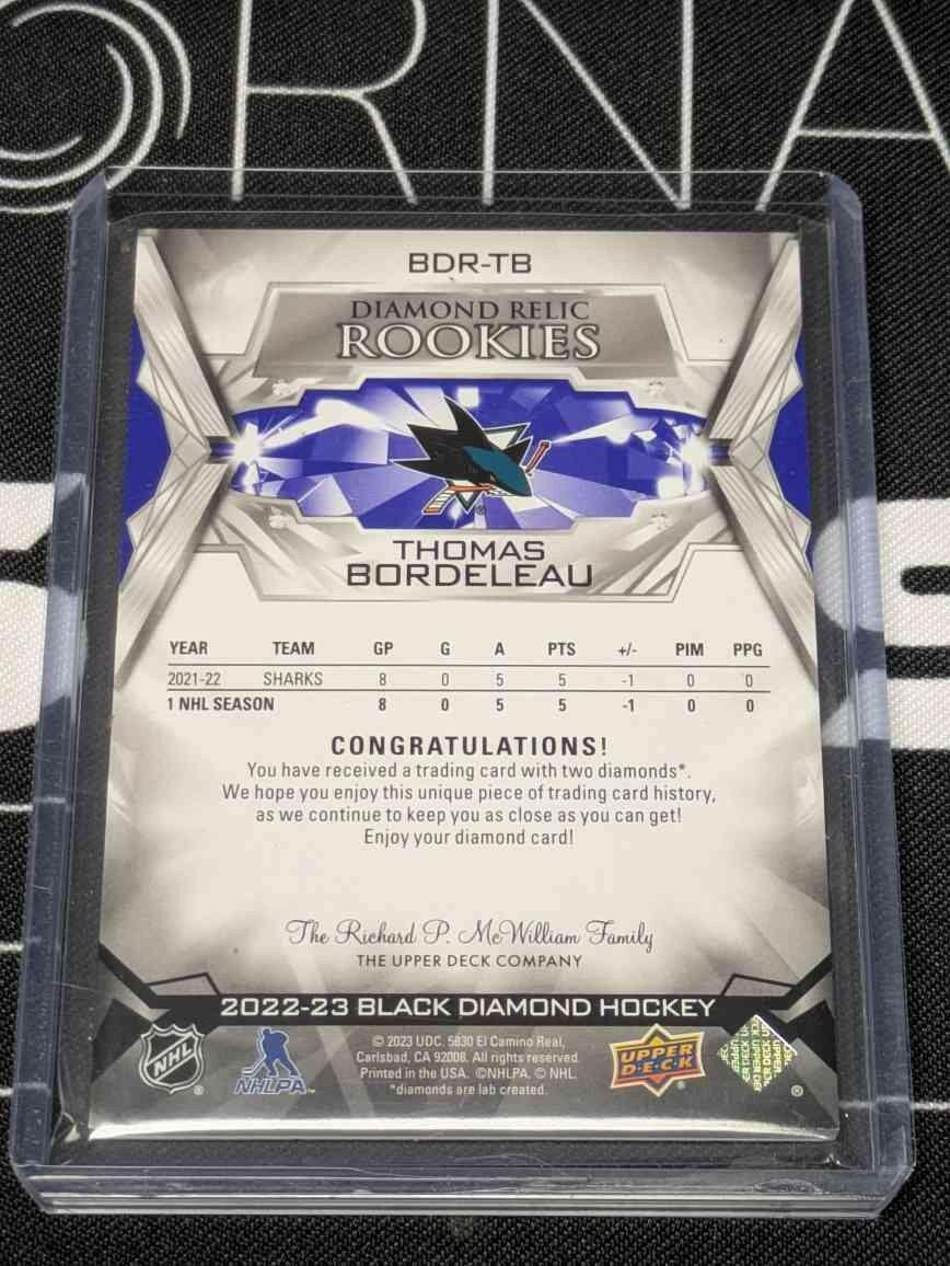 2022 UPPER DECK BLACK DIAMOND THOMAS BORDELEAU RELIC ROOKIE GEMS PURPLE RC /25