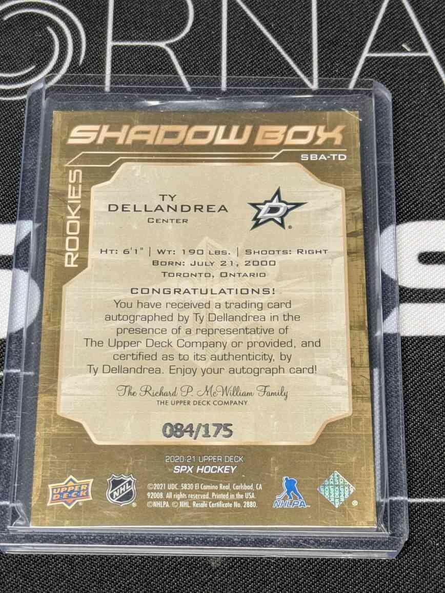 2020-21 Upper Deck SPx Shadow Box Rookie Autographs Ty Dellandrea /175 Stars