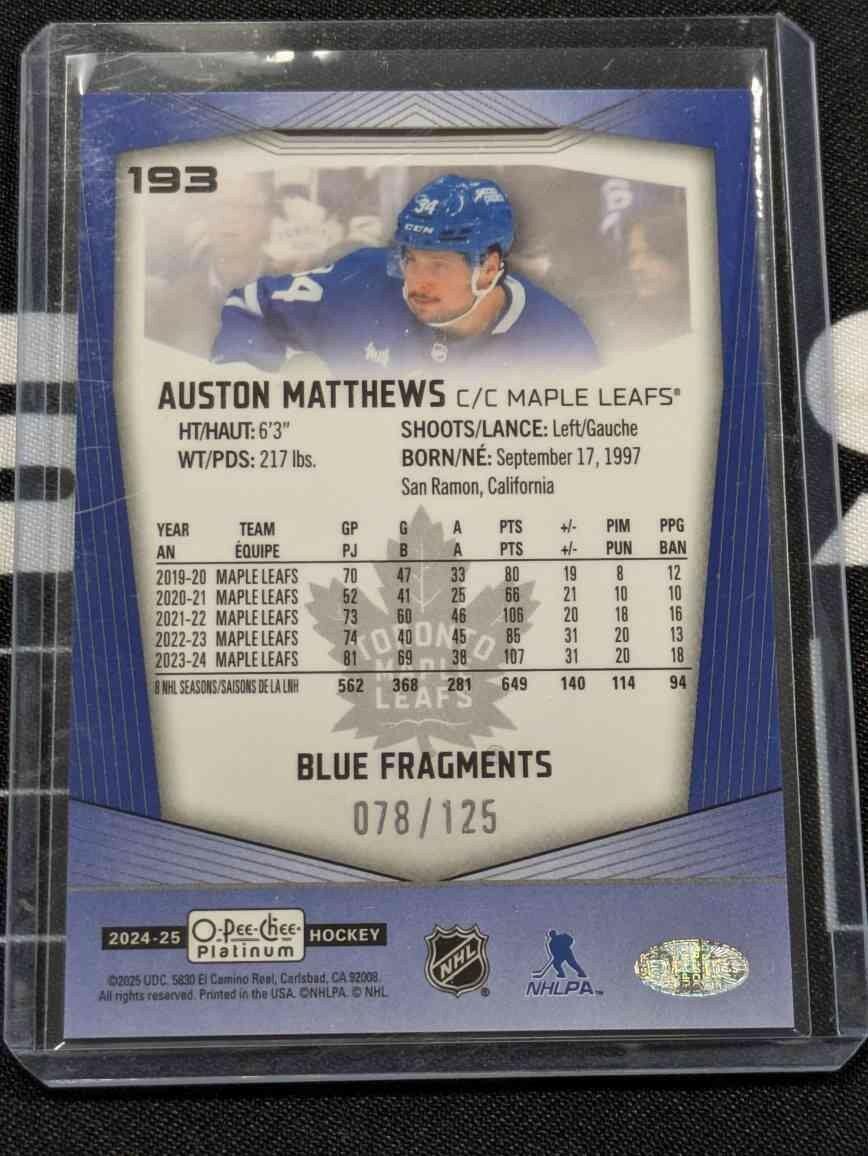 2024-25 O-Pee-Chee Platinum Auston Matthews #193 Blue Fragment /125 MAPLE LEAFS