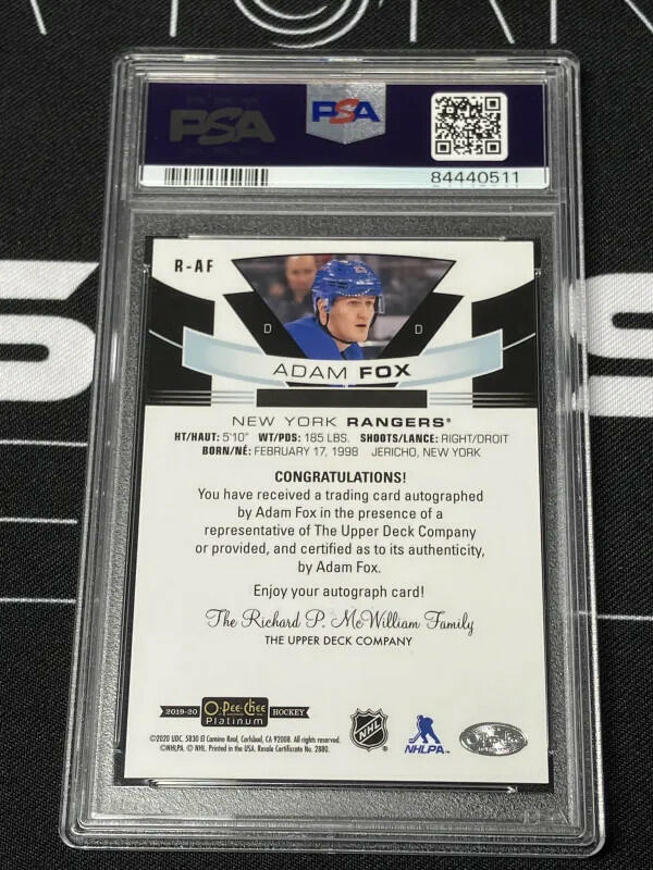2019-20 O-Pee-Chee Platinum Matte Adam Fox Rookie Auto PSA 10 Gem Mint