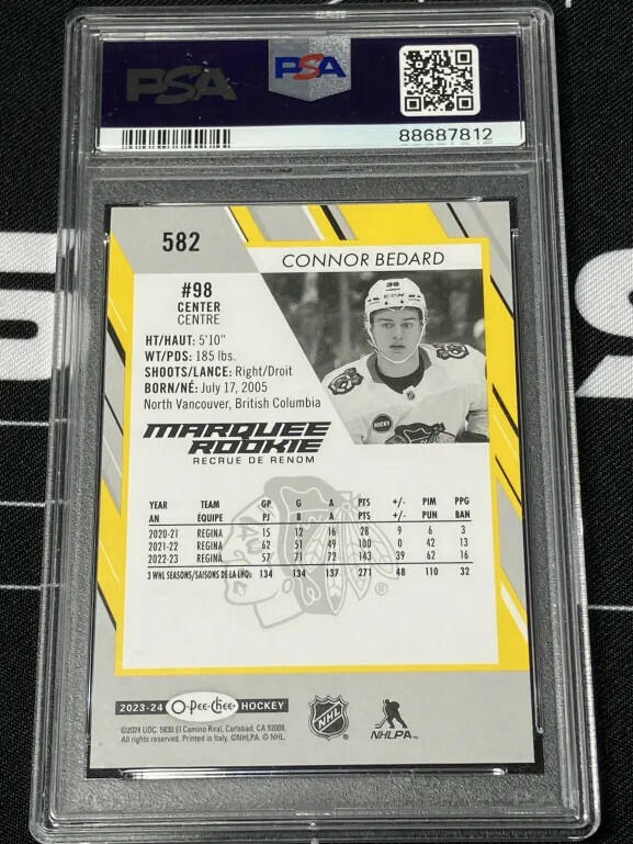 2023-24 OPC Marquee Rookie Yellow Border Connor Bedard #582 PSA 10