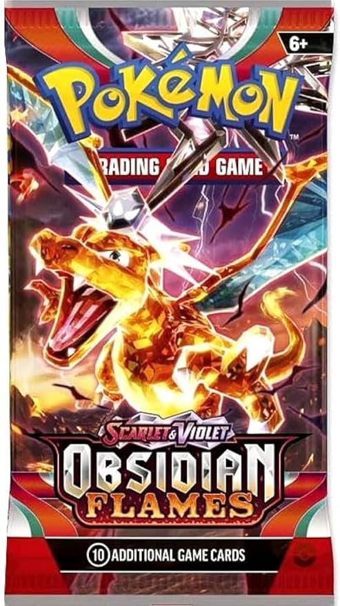 A booster pack of Pokemon trading cards featuring a fiery image of a Pokemon character with the text 'Obsidian Flames' prominently displayed.