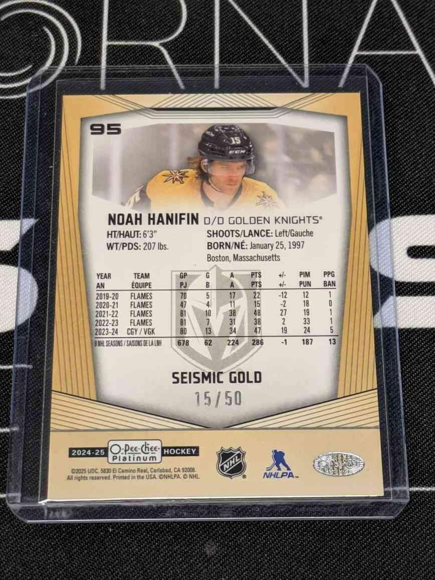 Noah Hanifin 2024-25 O-Pee-Chee OPC Platinum Seismic Gold 15/50 Jersey Number!
