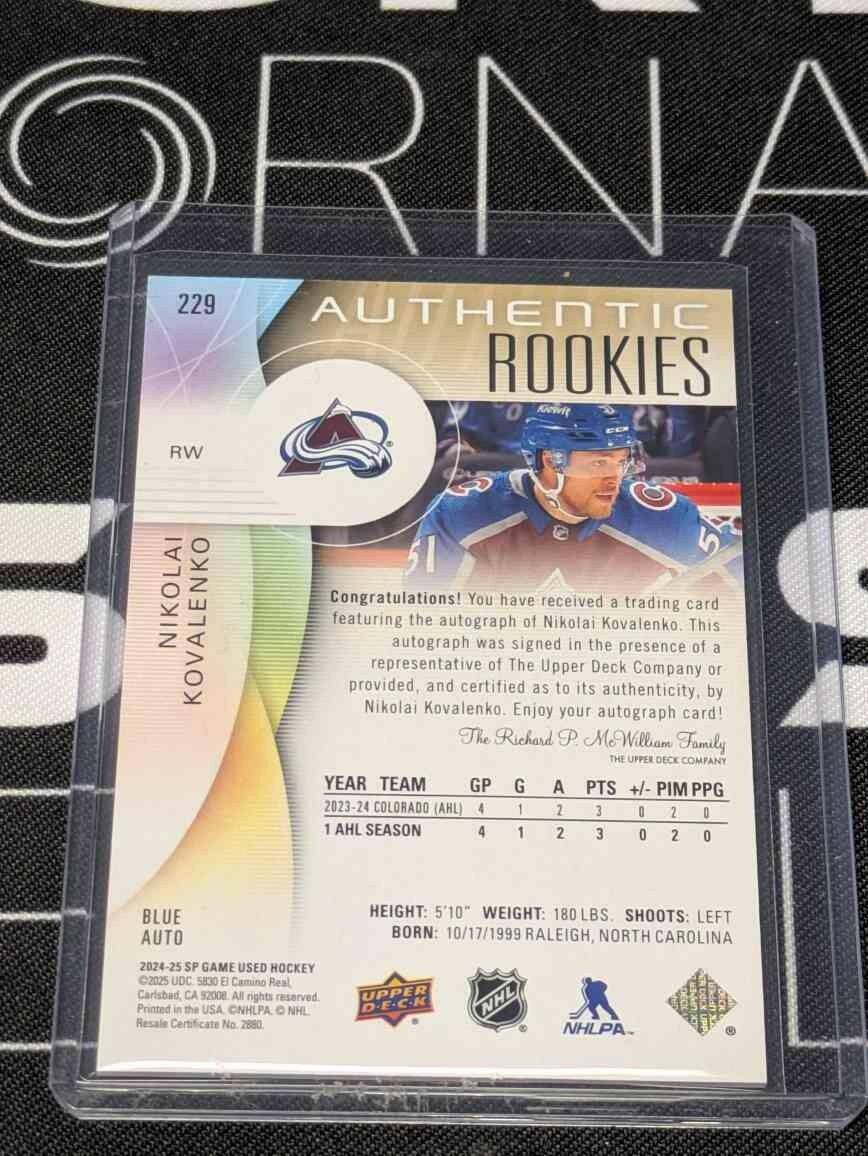 2024-25 SP GAME USED HOCKEY AUTHENTIC ROOKIES AUTO Nikolai Kovalenko #229