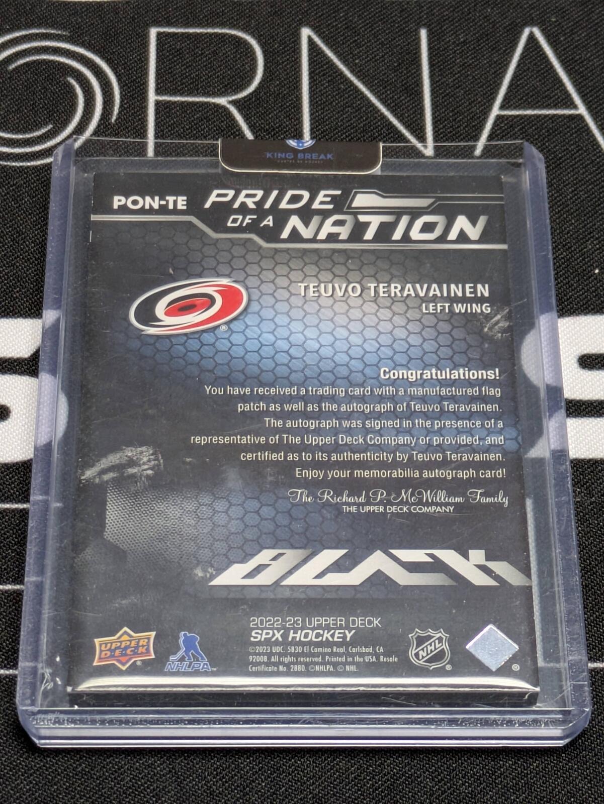2022-23 SPx UD Black Pride of a Nation /99 Teuvo Teravainen #PON-TE Patch Auto