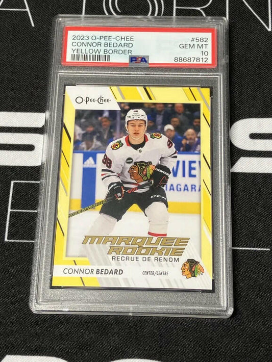 2023-24 OPC Marquee Rookie Yellow Border Connor Bedard #582 PSA 10